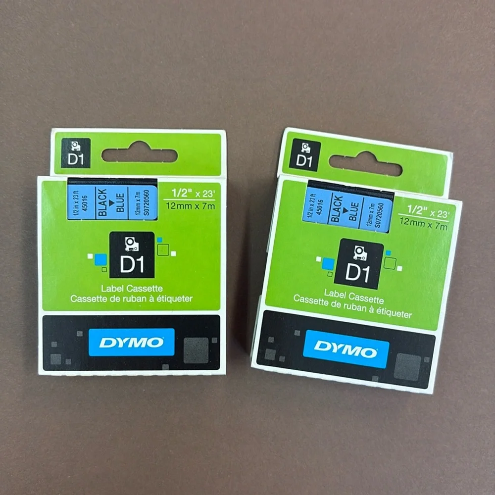 🟢 FREE WITH ANY PURCHASE OVER $10. (2) DYMO D1 Label 1/2” x 23’ Black on Blue